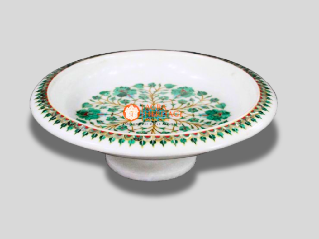 Marble Malachite Marquetry Inlaid White Fruits Bowl